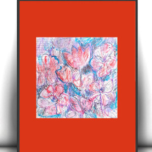kwiaty rysunek A4, boho dekoracja na ścianę, mała grafika do domu, czerwony obrazek 21x30