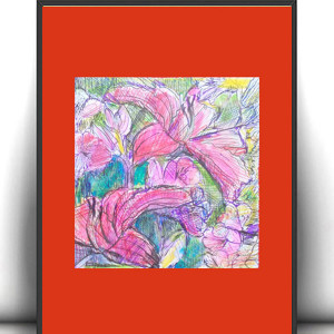 A4 obrazek z kwiatkami, kwiaty rysunek 21x30, mała grafika do domu, kolorowy rysunek z kwiatami