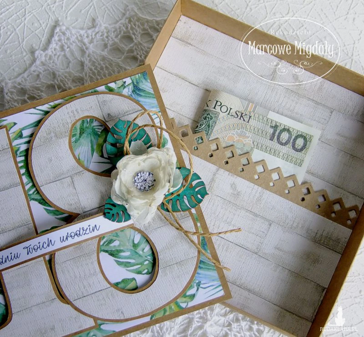 Kartka na osiemnastkę, urodzinowa kartka w pudełku, eko monstera