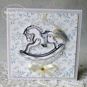 Kartka na roczek, chrzest, narodziny z konikiem, niebieska