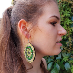 Kolczyki drewniane mandale zielone, biżuteria boho etno folk, duże kolczyki koła, mandala, Afryka, kolczyki afrykańskie