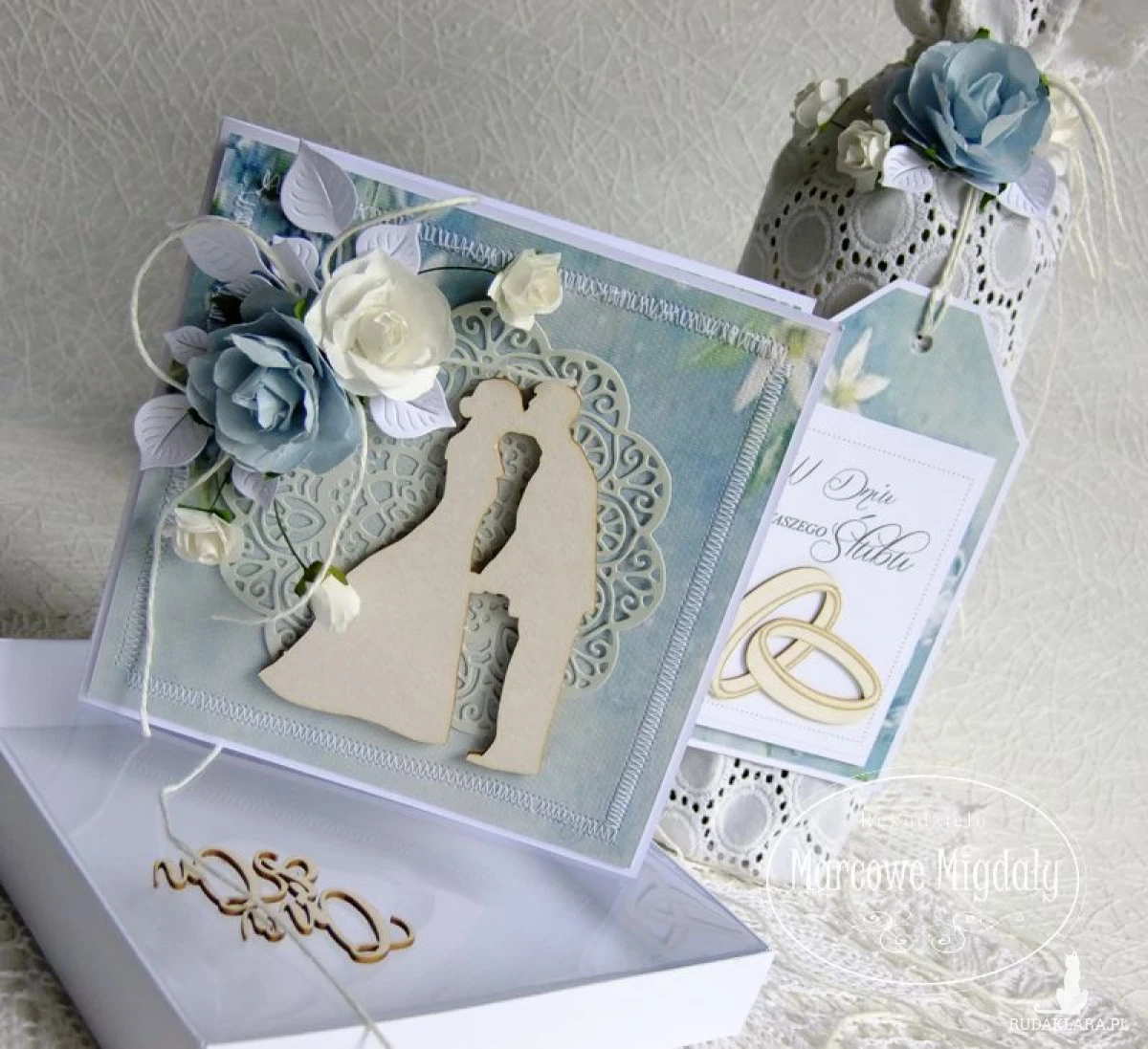 Komplet ślubny niebieski, kartka i torebka na alkohol