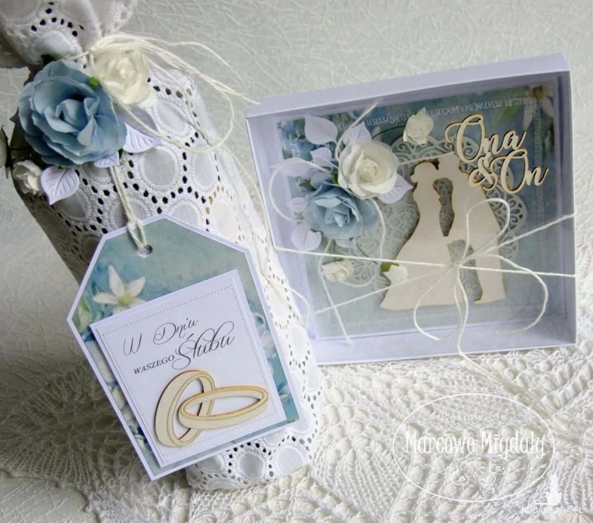 Komplet ślubny niebieski, kartka i torebka na alkohol