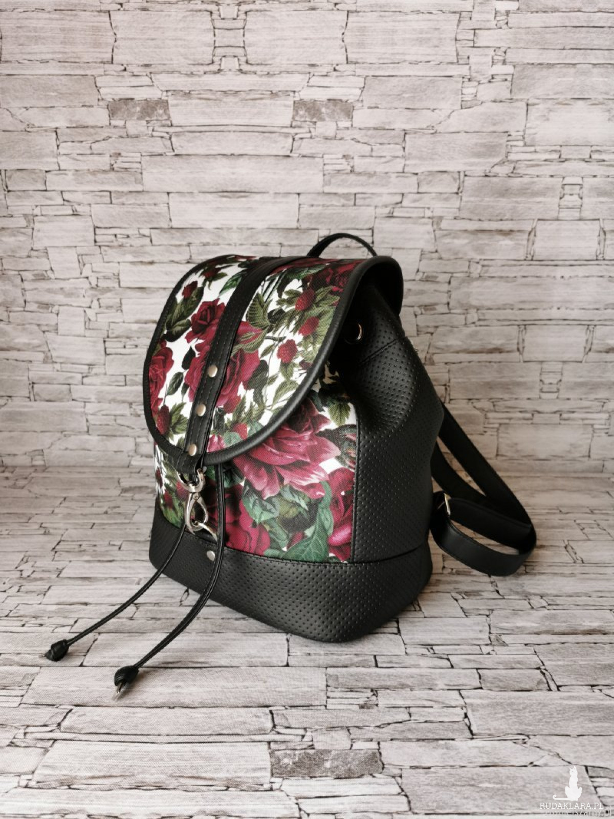Plecak miejski bucket bag bordowe róże