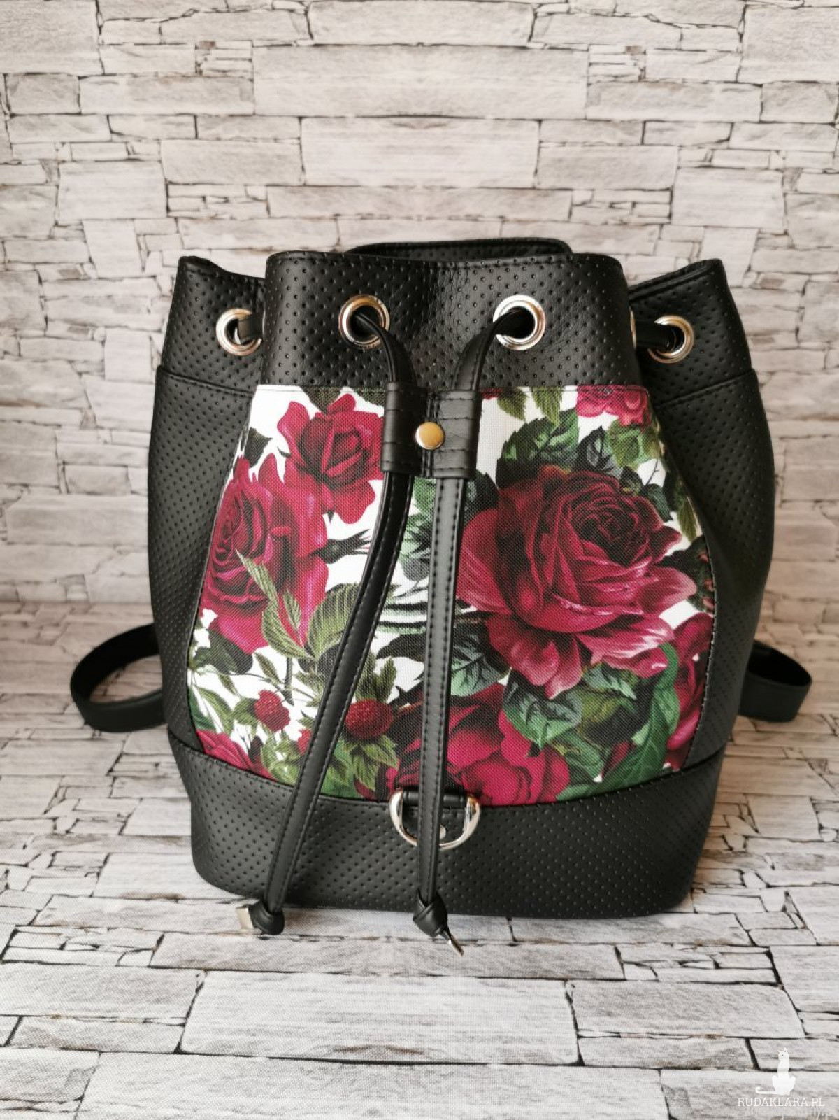 Plecak miejski bucket bag bordowe róże
