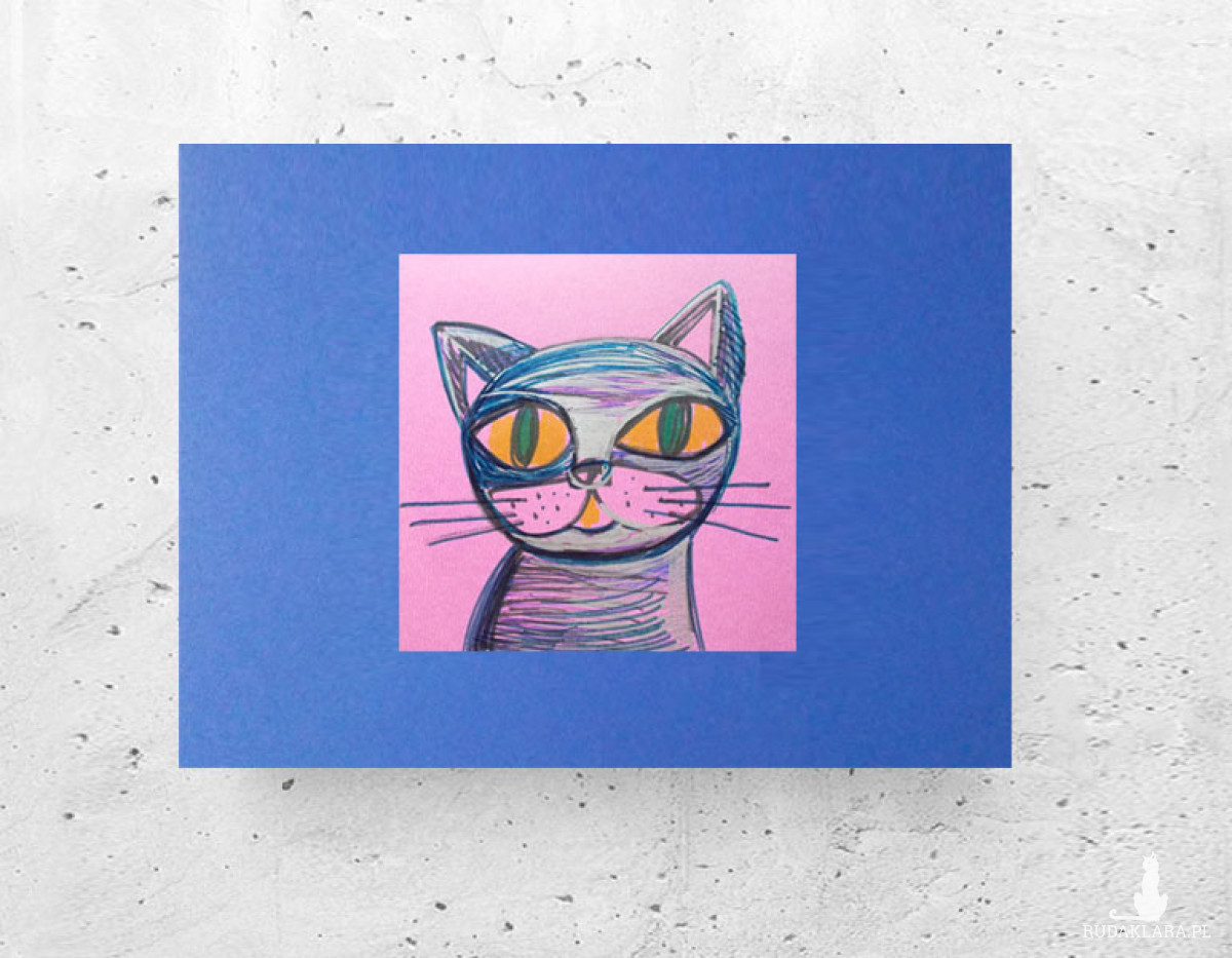 mały obrazek z kotem, oryginalny rysunek z kotkiem, bajkowy obrazek A4, kot dekoracja na ścianę