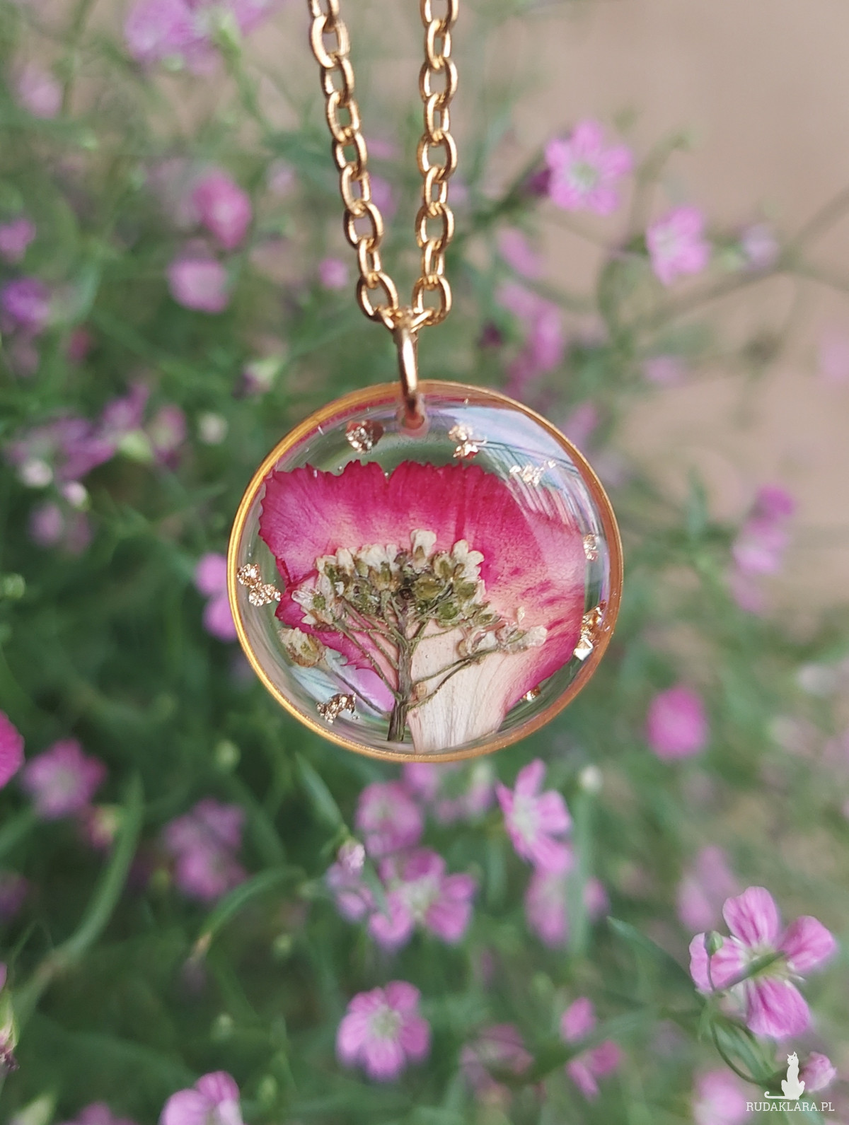złota zawieszka złoty wisiorek naszyjnik żywica z żywicy kwiaty z kwiatami drzewo drzewko różowe zieline