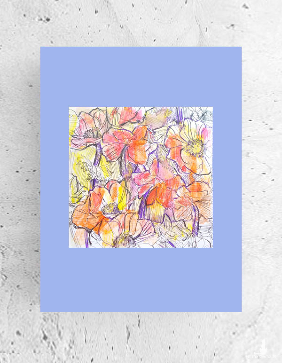 łąka obrazek A4, kolorowa dekoracja na na ścianę, mały rysunek z kwiatkami, kwiaty grafika do domu