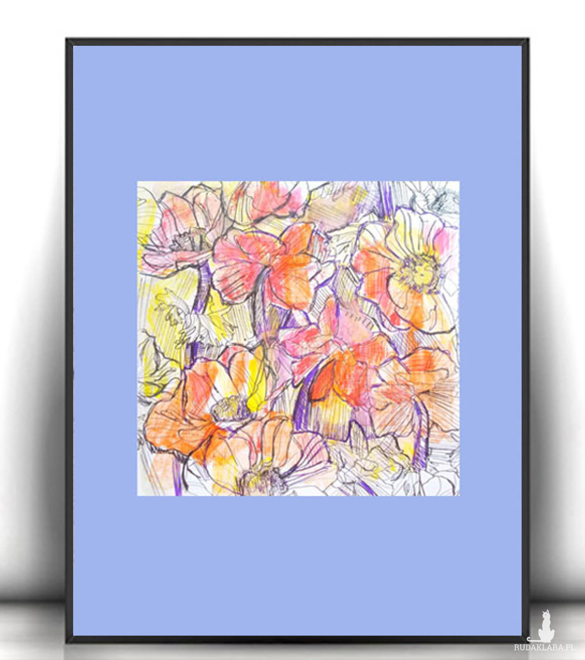łąka obrazek A4, kolorowa dekoracja na na ścianę, mały rysunek z kwiatkami, kwiaty grafika do domu