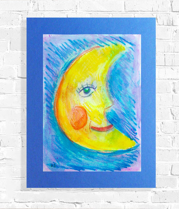 księżyc rysunek,  obraz z księżycem, księżyc dekoracja na ścianę, akwarela, bajkowy obrazek