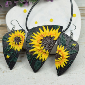 Asymetryczny komplet biżuterii "słoneczniki"