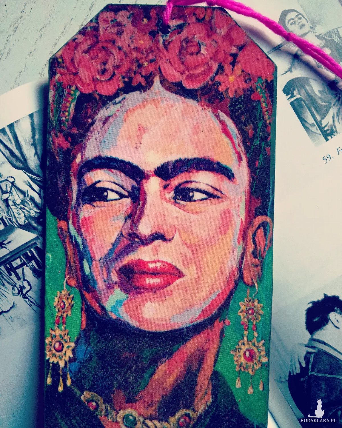 Duża Zakładka XL do książki Frida Kahlo meksykański wzór drewniana zawieszka decoupage