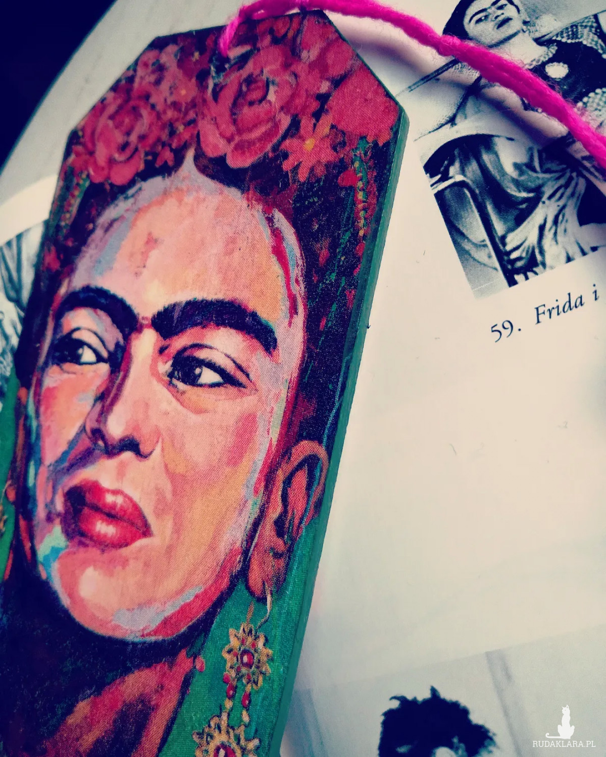 Duża Zakładka XL do książki Frida Kahlo meksykański wzór drewniana zawieszka decoupage