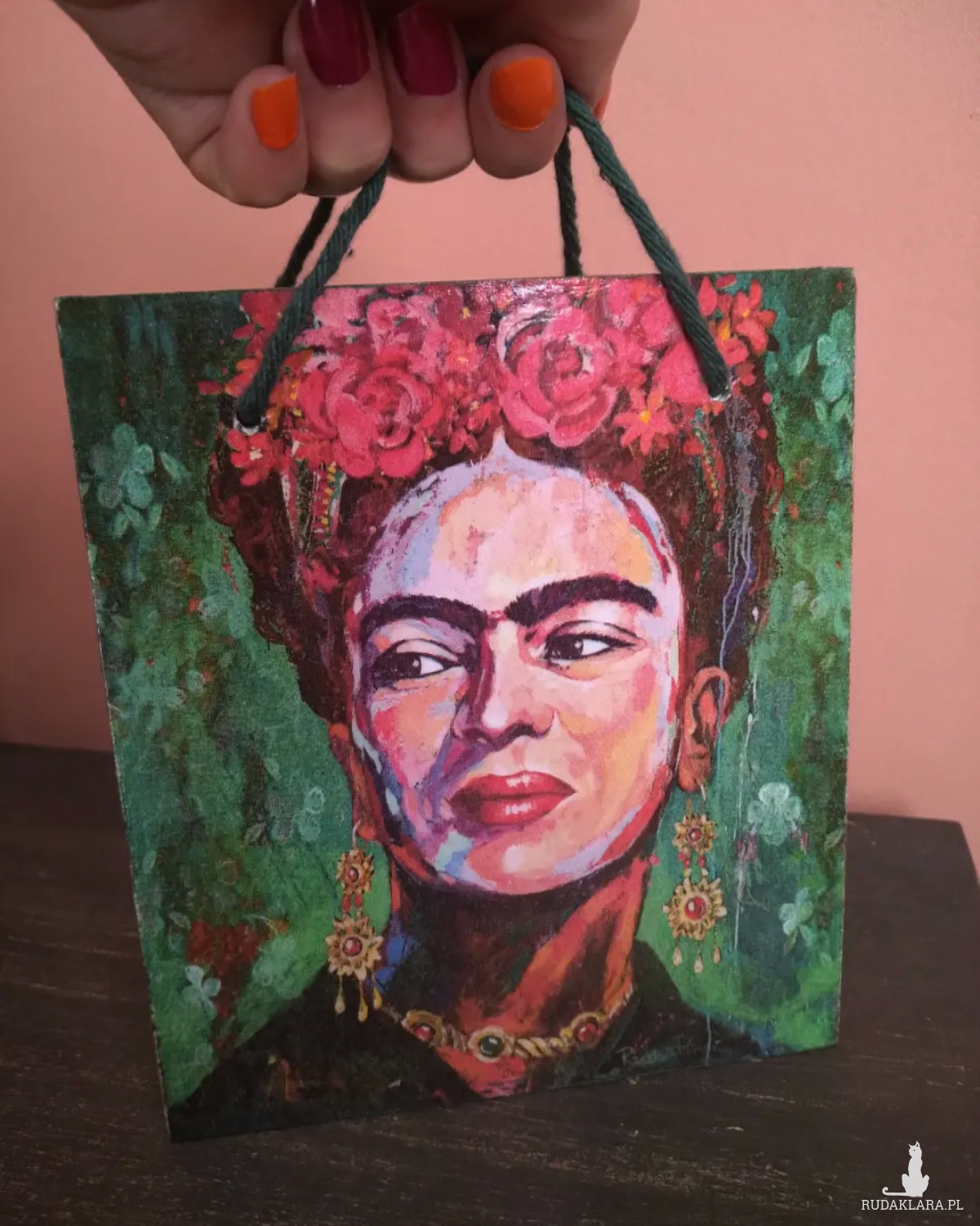 Drewniany pojemnik listownik Frida Kahlo meksykański wzór pudełko decoupage