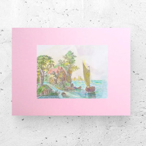 retro plakat A3, vintage obrazek z pejzażem, retro krajobraz, pastelowy plakat vintage, żeglarska grafika vintage