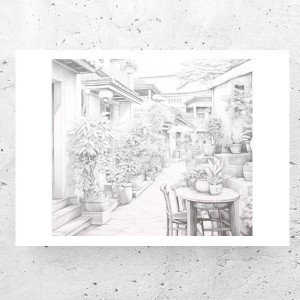 biało czarne plakaty A4, hygge plakat 21x30, nowoczesne plakaty do biura, boho plakaty do domu, skandynawskie plakaty na ścianę, szary plakat do sypialni, ogród plakat A4, uliczka plakat