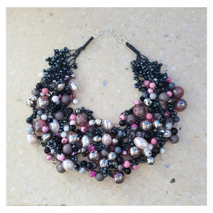 5624 naszyjnik na szydełku; czarny, grafitowy, srebrny, różowy naszyjnik;