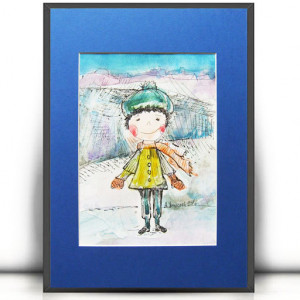 chłopczyk rysunek 21x30, obrazek dla chłopca, obraz z chłopcem, chłopczyk akwarela, malowany ręcznie obraz z chłopczykiem,  ręcznie malowany obraz A4