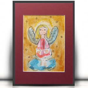 akwarelka z aniołkiem, obrazek z aniołkiem, ręcznie malowany aniołek, anioł do pokoju dziecka, komunia prezent, prezent na komunię, chrzest prezent, prezent na chrzest