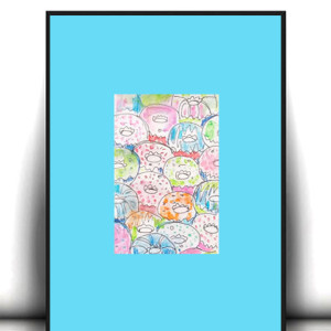 mały obrazek z ciastkami, niebieski plakat A4, pastelowy obrazek do domu, donuty rysunek boho, słodycze grafika na ścianę