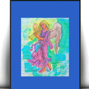 retro plakat A4, vintage obrazek z aniołem, aniołek plakat vintage, anioł obrazek 21x30, anioł muzykant plakat do domu