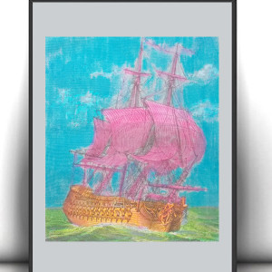 retro plakat A4, vintage obrazek ze statkiem, żeglarski plakat do domu, żagle obrazek retro, marynistyczna dekoracja na ścianę, żaglowiec plakat 21x30