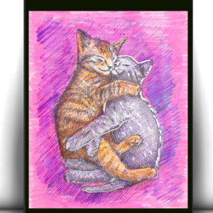 retro plakat A4, obrazek z kotami, koty plakat do domu, obraz z kotkami, vintage plakat zwierzęta, obrazek z kociakami, vintage obrazek 21x30, różowy plakat na ścianę, kotki plakat do pokoju