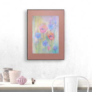 kwiaty rysunek, rysunek z kwiatami, rysunek z łąką, łąka obraz 30x40, boho dekoracja do domu, maki rysunek, obraz z makami, ślub prezent, komunia prezent, chrzest prezent