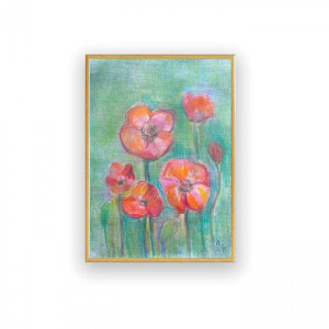 maki rysunek w ramce, łąka obraz, oprawiony szkic z makami, kwiaty rysunek do domu, ślub prezent, prezent na ślub, prezent do domu, ręcznie malowany obraz