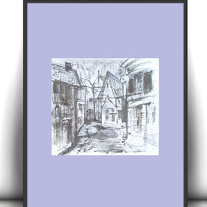 uliczka obrazek 30x40, fioletowo szary plakat z uliczką, domy obrazek, fajne plakaty do domu, miasto plakat 30x40, podróże plakat, plakat z miasteczkiem, plakat z ulicą, retro plakaty, poster