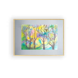 pejzaż rysunek w ramce, drzewa obraz, oprawiony szkic, krajobraz rysunek do domu, ślub prezent, prezent na ślub, prezent do domu, akwarela ręcznie malowany obraz