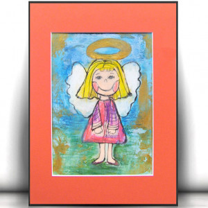 rysunek z aniołkiem, obrazek z aniołkiem, ręcznie malowany aniołek, aniołek dekoracja do domu, obrazek do pokoju dziecka