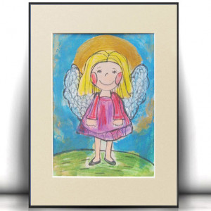 rysunek z aniołkiem, obrazek z aniołkiem, ręcznie malowany aniołek, anioł dekoracja do domu, aniołek do pokoju dziecka