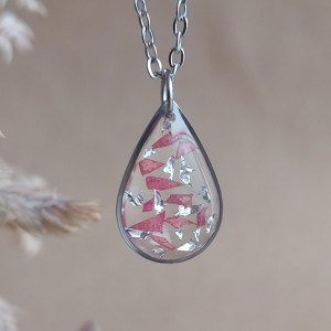 Srebrna łezka zawieszka srebrny wisiorek czerwony kwiat naszyjnik żywica z żywicy suszone kwiaty z kwiatami naturalne żywe różowe łza retro wisior róża płatko róż różami