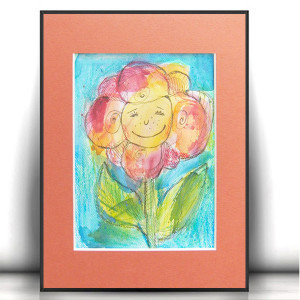 obraz dla dziewczynki, akwarela  z kwiatkiem, boho dekoracja do domu, ręcznie malowany obraz,  prezent na ślub, ślub prezent, komunia prezent, chrzest prezent