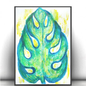 liść rysunek A4, boho grafika na ścianę, rysunek z liściem, botaniczny obraz 21x30, akwarela A4, monstera obrazek A4