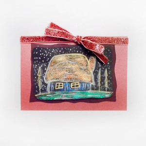 bajkowe kartki na Boże Narodzenie, świąteczne kartki ręcznie rysowane, domek kartka bez życzeń, kartka z domkiem, dom kartka, kartka z domem