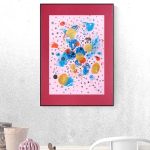 abstrakcyjna grafika do sypialni, nowoczesna grafika na ścianę, styl memphis obraz 30x40, abstrakcja malowana ręcznie, kosmos rysunek A3