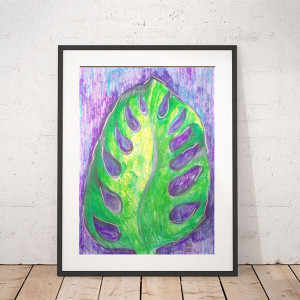 liśc rysunek 21x30,  boho dekoracja na ścianę, mały obraz do domu, monstera grafika 21x30, obrazek z liściem