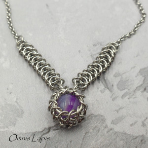 Naszyjnik chainmaille z agatem - stal szlachetna