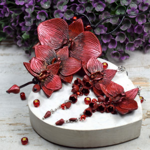 Orchidee- bordowy komplet biżuterii