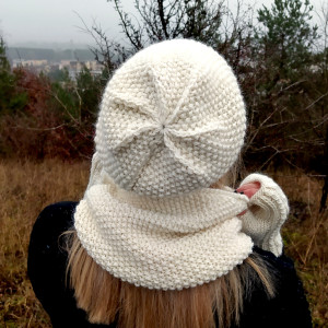 Czapka i Komin - ciepły komplet z Alpaki - ecru