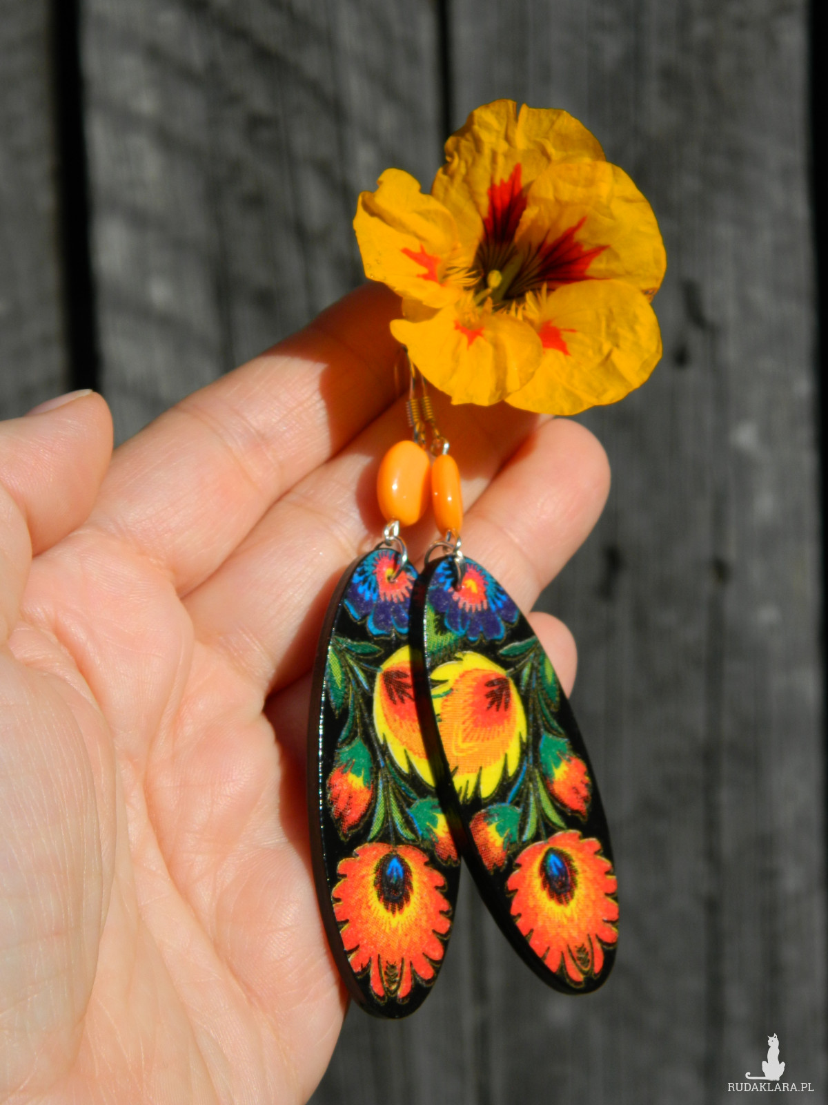 Kolczyki ludowe łowickie kwiaty, prezent dla dziewczyny biżuteria etno boho folk, pomarańczowe żółte czarne, folkowe Słowianki