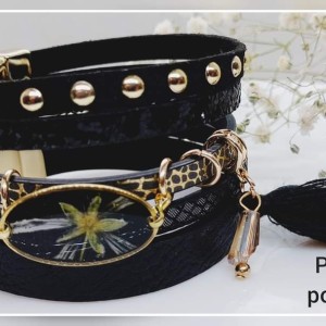 Bransoletka skórzana rzemyk wielowarstwowa czarna złota z prawdziwymi kwiatami