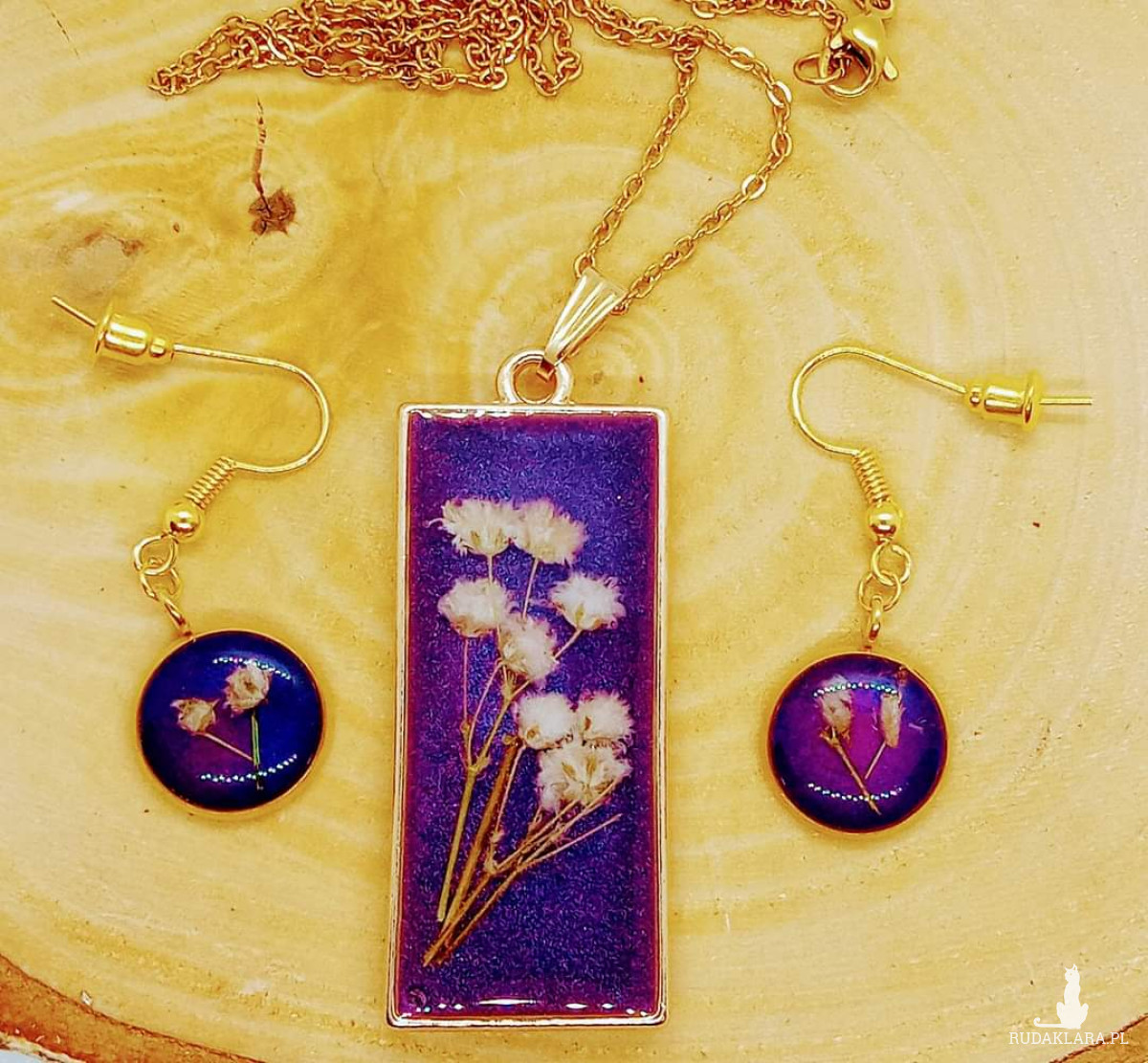 piękny komplet biżuterii z kwiatami gipsówki fioletowy stal złoto