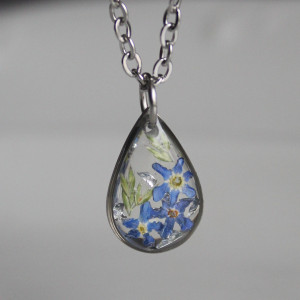 Srebrna łezka zawieszka srebrny wisiorek kwiat naszyjnik żywica z żywicy suszone kwiaty z kwiatami naturalne żywe kwiaty niezapominajki niezapominajkami