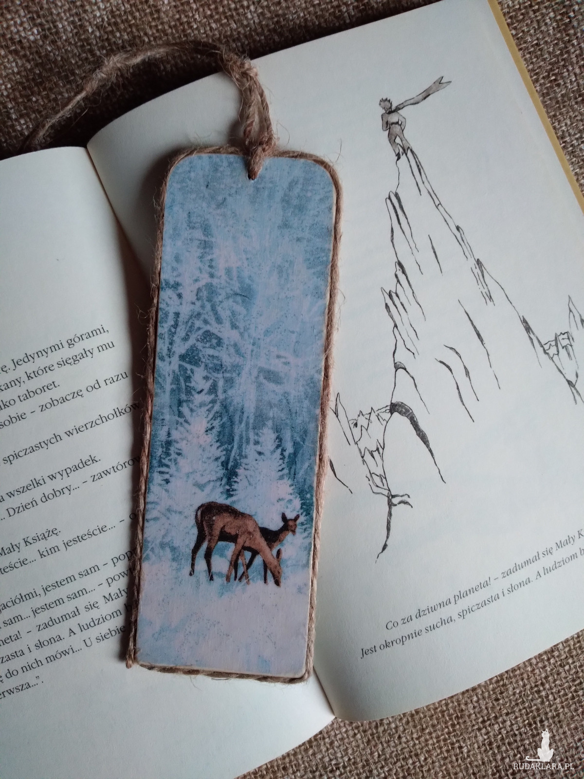 Drewniana zakładka do książki urocze sarenki sarny las zima zimowa sceneria decoupage