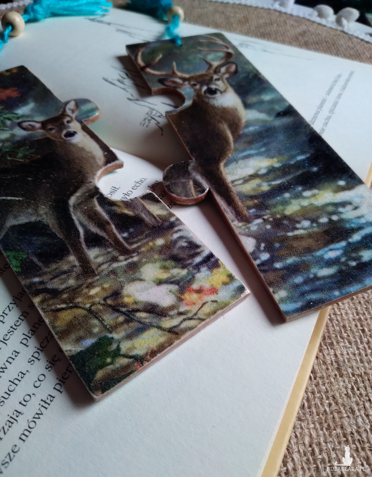 Komplet dwie drewniane zakładki Magia Lasu do książki dla dwojga dla Zakochanych urocza sarna dostojny jeleń jelonek las we mgle decoupage
