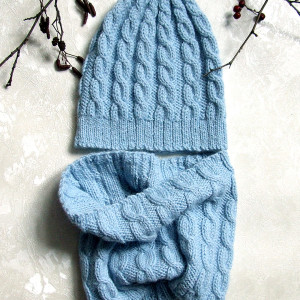 Czapka i Komin - ciepły komplet z Alpaki - błękit