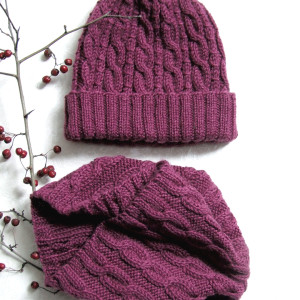 Czapka i Komin - wełniany, ciepły komplet  - ciemny róż